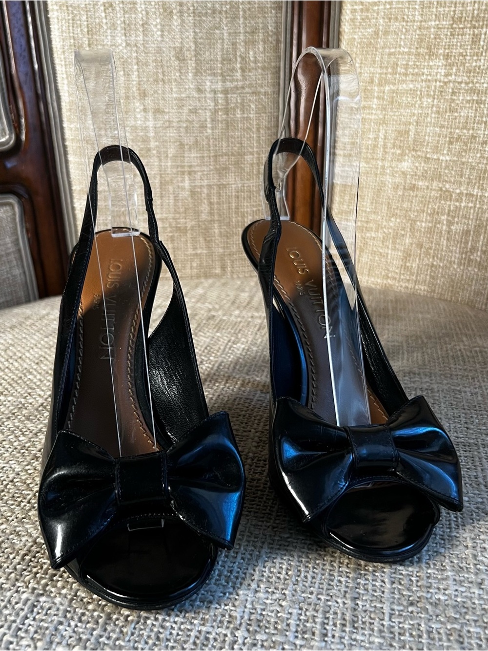 Louis Vuitton Black Patent Bow Slingback Peep-Toe Heels